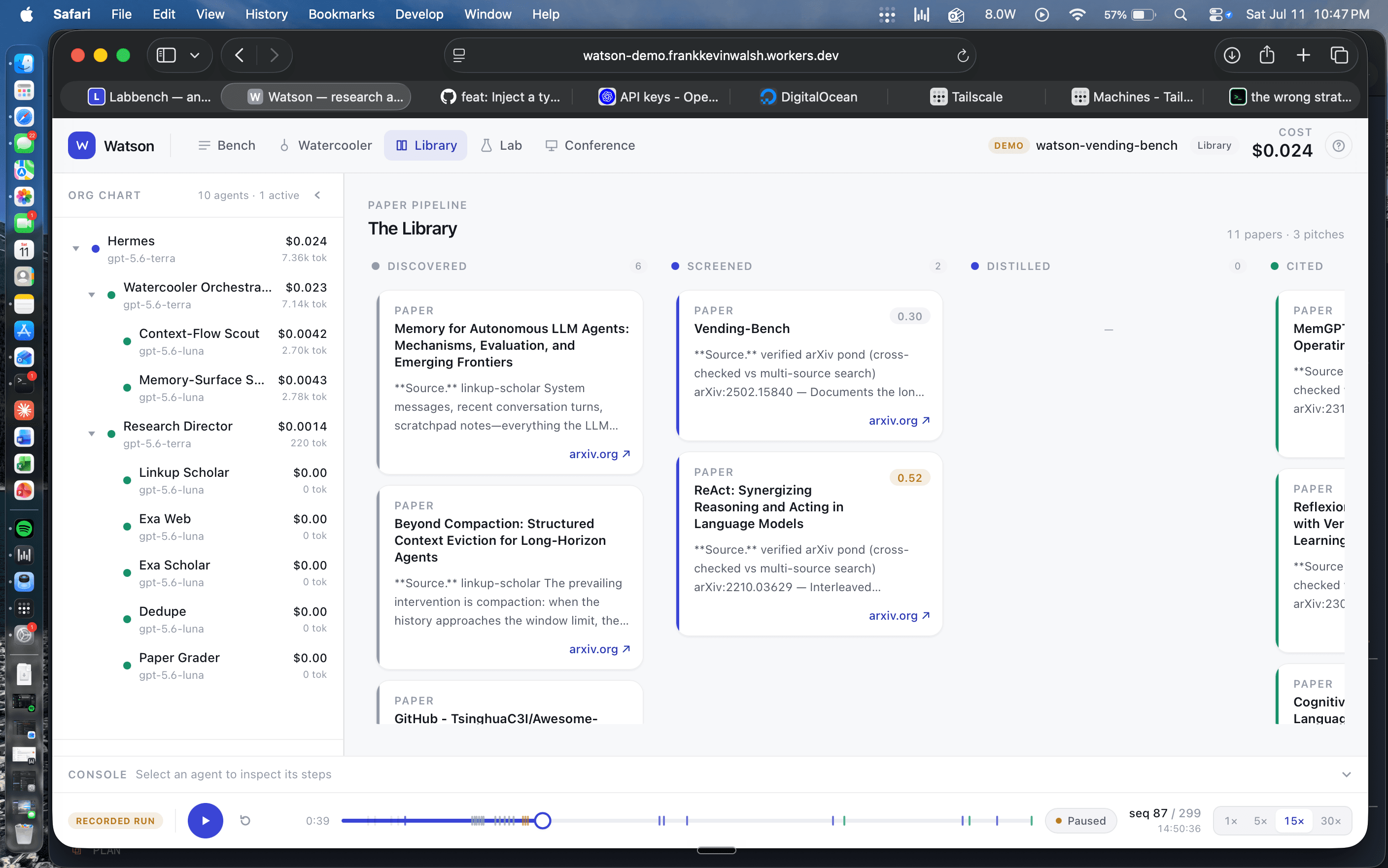 The Library view of the tool, a kanban board of research papers moving from discovered to screened to cited