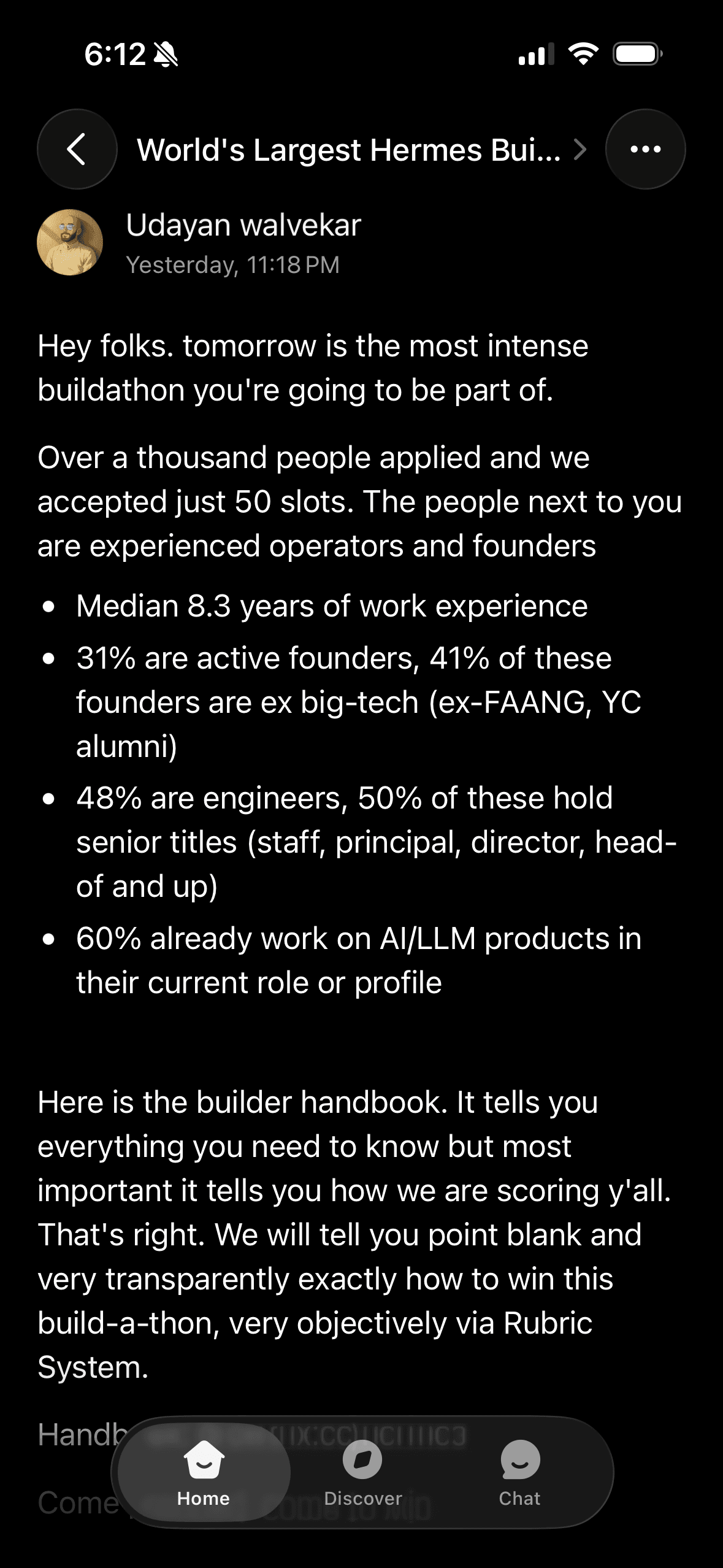 Organizer announcement the night before with statistics on the builders in the room