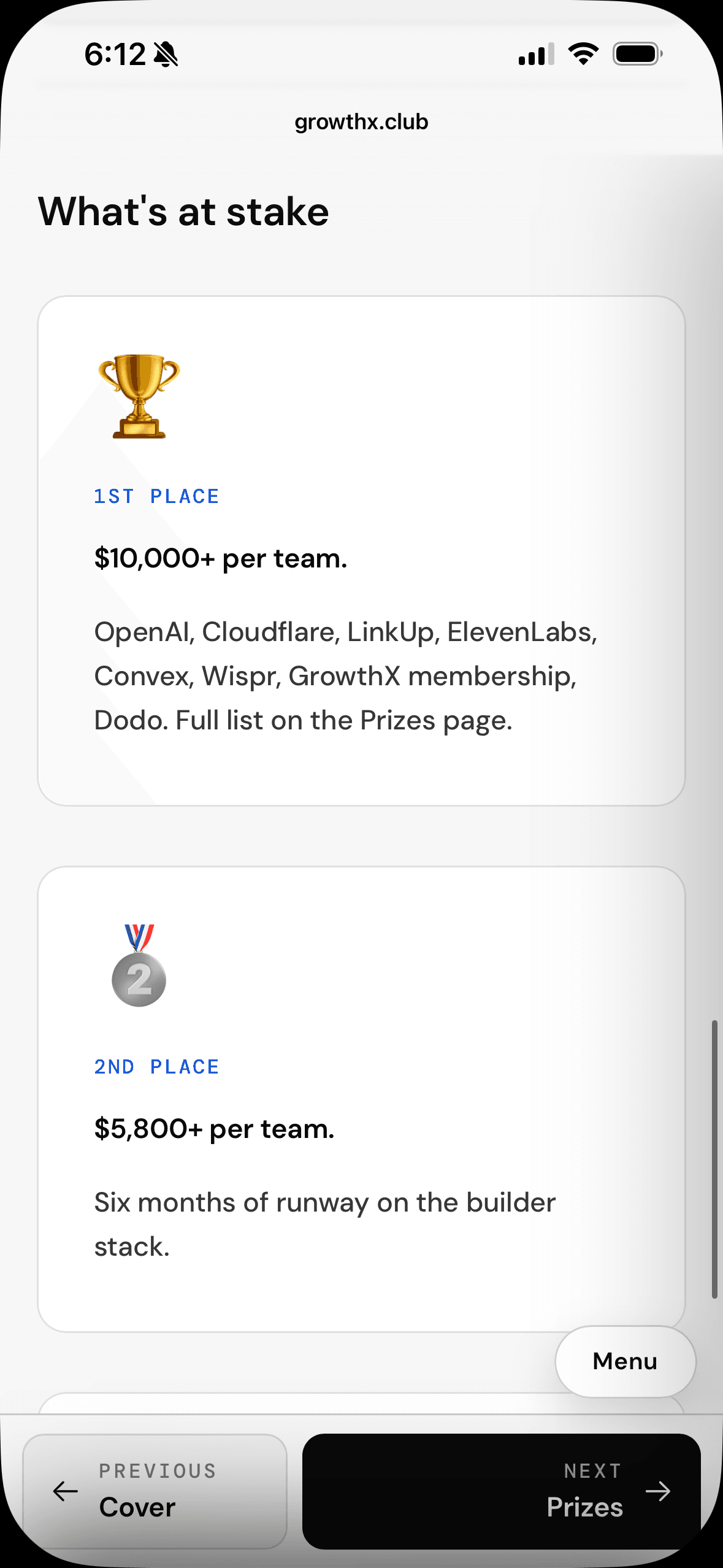 Prize breakdown showing what first place was worth at the Hermes Buildathon