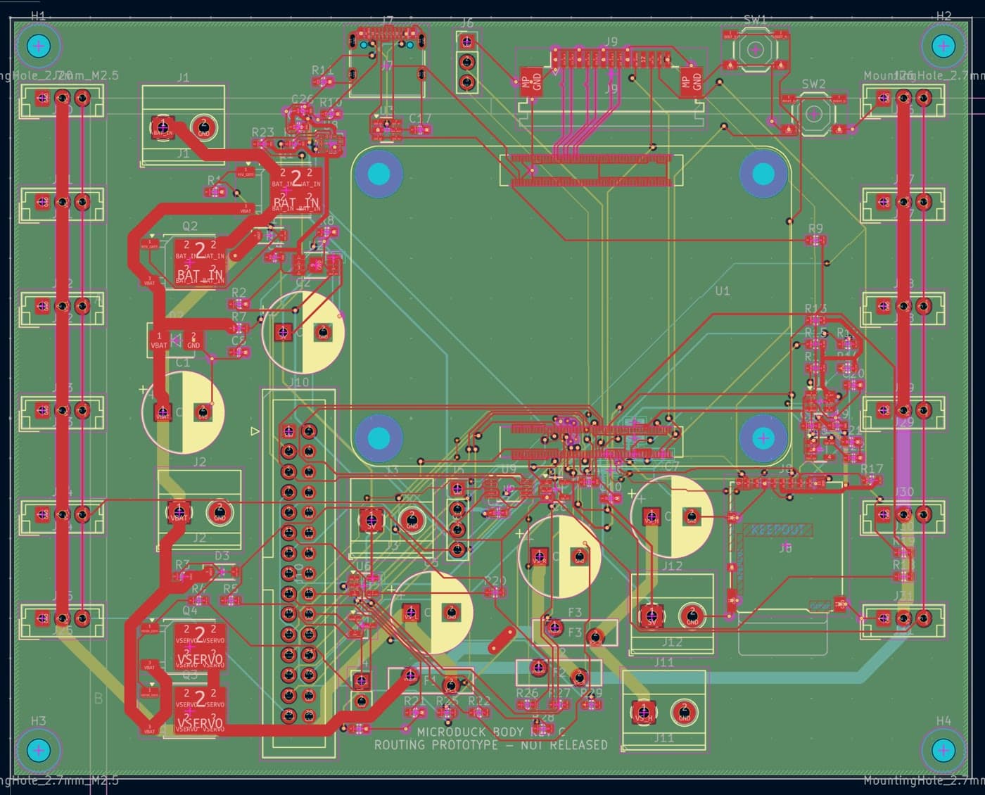 KiCad layout of the Microduck robot board, routed by GPT-6 Astra